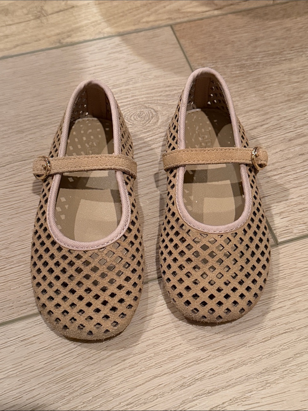 Zara Tan Beige Girls Mary Jane Flats with Cutout Pattern
